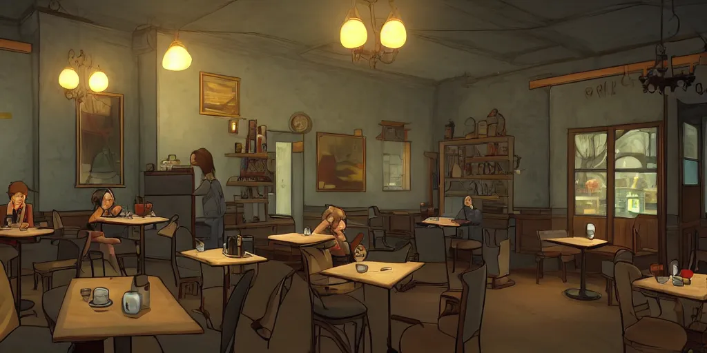 Image similar to a quiet cafe early in the morning in the style of Broken Sword: 2