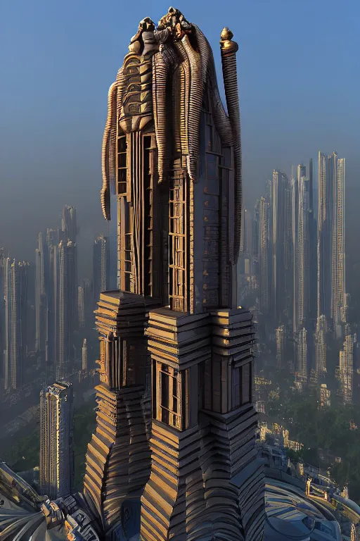 Image similar to high quality 3 d sci - fi biomorphic hanuman! buildings in mumbai!! centre, highly detailed, cinematic smooth, berenice abbott & john j. park, dramatic morning light, wide shot, high angle, uhd 8 k, sharp focus