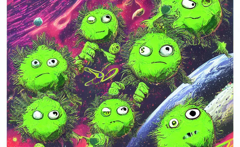 Image similar to an army of different green tennis ball monsters, in space, digital art, fantasy, magic, chalk, trending on artstation, ultra detailed, detailed, fine details, professional illustration by basil gogos