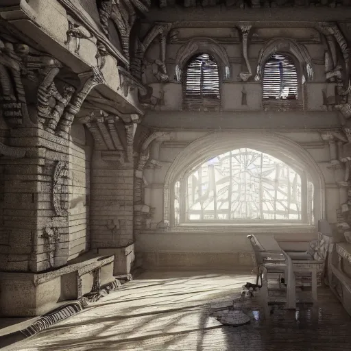 Image similar to ultra mega super hyper realistic Digital concept interior design of futuristic castle in mixed with medieval style. More cyberpunk less medieval. Natural white sunlight from the transperient roof. Rendered in VRAY and DaVinci Resolve and MAXWELL and LUMION 3D, Volumetric natural light