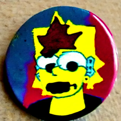 Image similar to painting on a badge!!!!, photo of a bart simpson, punks not dead!!!!, exploited!!, clash, junk yard, rats!!, god save the queen!!!, punk rock album cover art style, grunge, no future!!!!