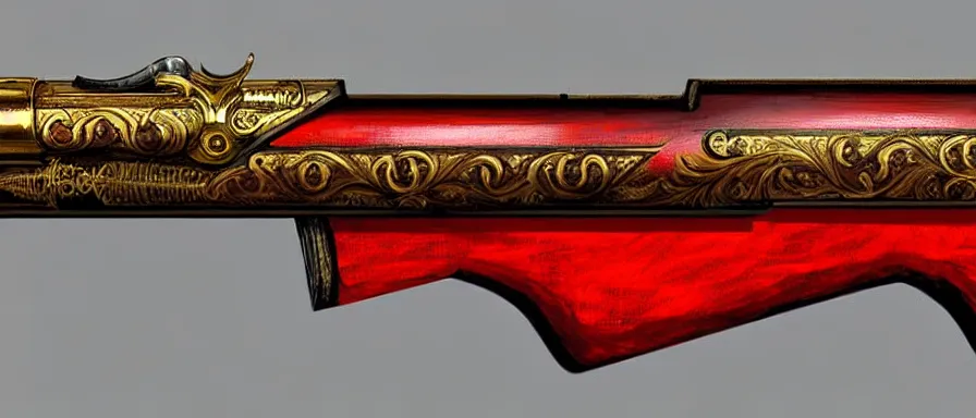 Image similar to a magical antique sawed - off double - barreled shotgun made from glossy red - painted wood and elements of gold metalwork, video game concept art