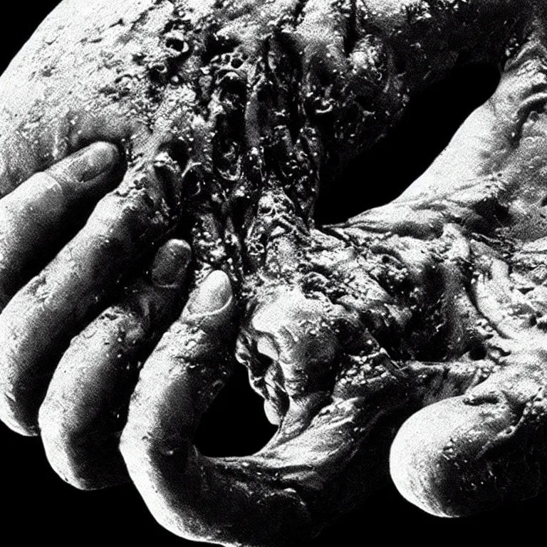 Prompt: “a vintage photograph of a close up on a melting hand, photorealistic, sci-fi, Romero”