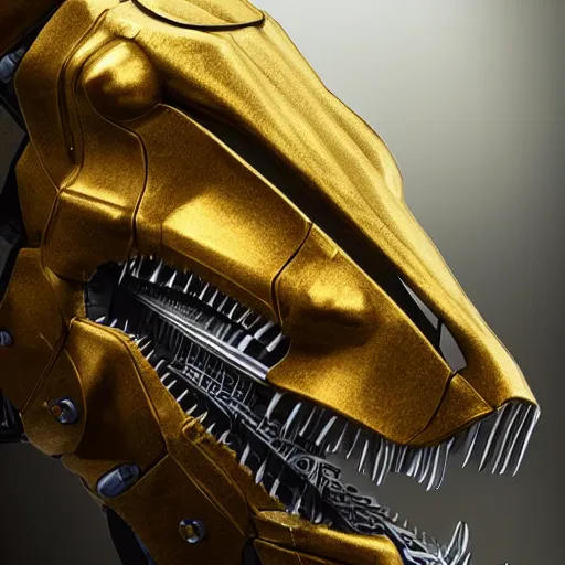 Image similar to hyper-realistic detailed portrait photograph, mid shot, gangster robot mecha dinosaur with a single gold tooth, cyberpunk