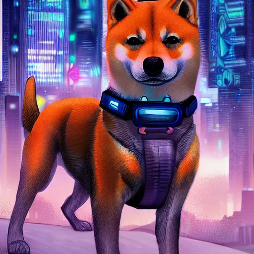 Prompt: cyberpunk shiba inu, digital art, high quality, high resolution