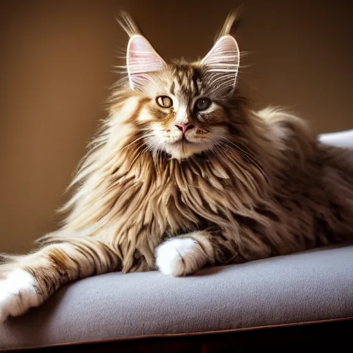 Prompt: portrait cream color maine coon cat curled up, bay window sofa, 8K, 4K, by Antoine Blanchard, oversaturated lens flair, bokeh, sunbeam