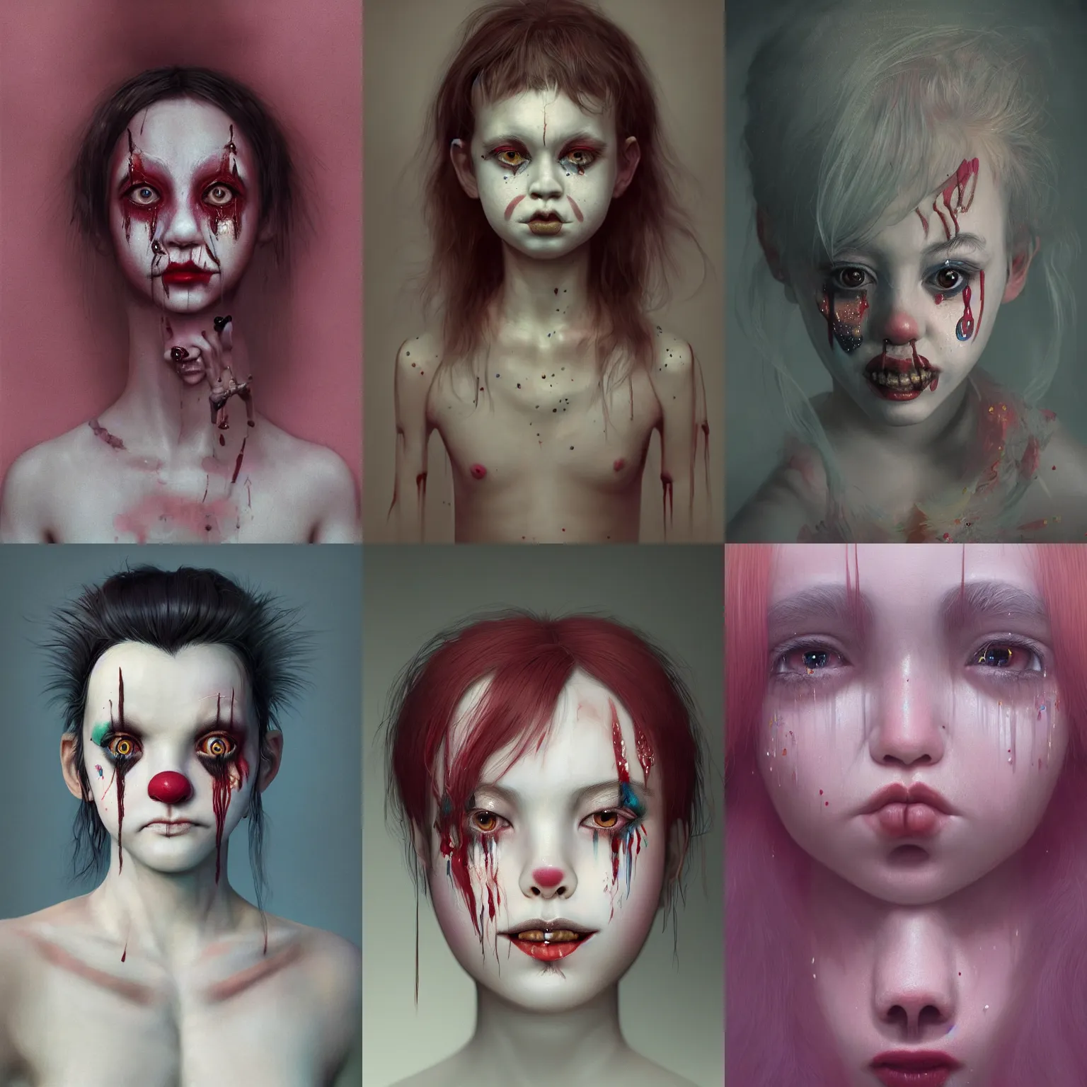 Prompt: breathtaking detailed painting of clown girl tears eyes , with anxious, piercing eyes, art by Hsiao-Ron Cheng, Ja Miyazaki, extremely moody lighting, hyperrealistic, octane render, ambient light, dynamic lighting
