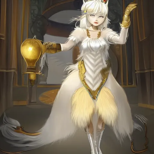 Image similar to full body shot of a female anthro furry wolf princess fursona with white hair wearing a white and gold dress in a white and gold palace, by Wlop and jerry park, artstation, detailed