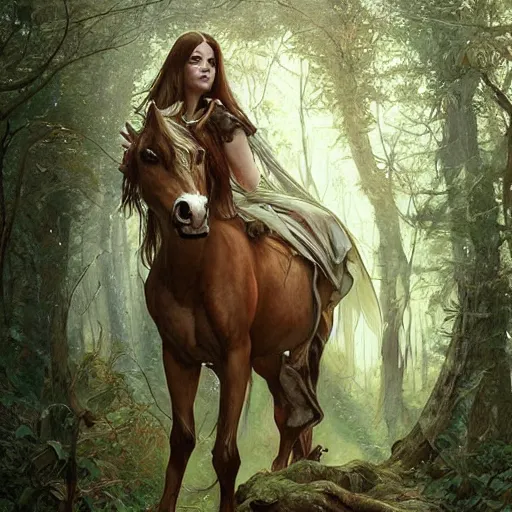 Image similar to d & d portrait centaur trapped in woods, desperate, sharp focus, intricate, smooth, ultra realistic digital art, high fantasy, elegant, by artgerm, greg rutkowski, alphonse mucha