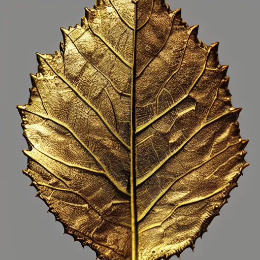 Prompt: Intricate a whole fantasy leaf, encrusted with jewels, gilded gold, detailed veins, sharp focus, octane render, high quality, 8k, volumetric lighting, on black background