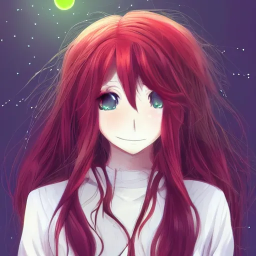 Image similar to anime infp girl with red hair and green eyes, with a bright smile, dreamy, very atmospheric, intricate, hyper detailed digital art