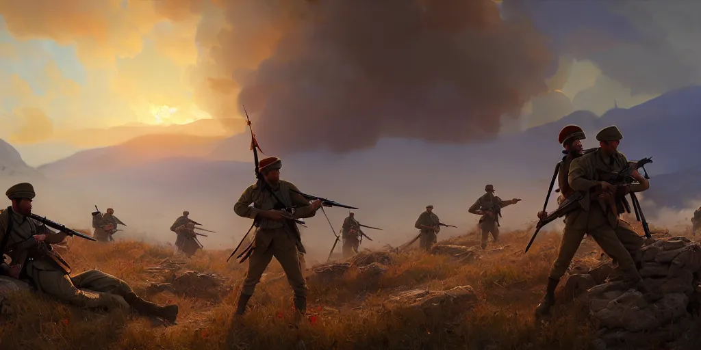 Image similar to gallipoli campaign, turkish soldiers are defending the dardanelles, battlefield 1 aesthetic, extremely detailed digital painting, in the style of fenghua zhong and ruan jia and jeremy lipking and peter mohrbacher, mystical colors, rim light, beautiful lighting, 8 k, stunning scene, raytracing, octane, trending on artstation
