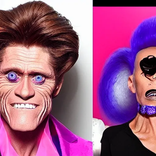 Prompt: willem dafoe doing drag as a contestant in the reality tv show, rupaul's drag race