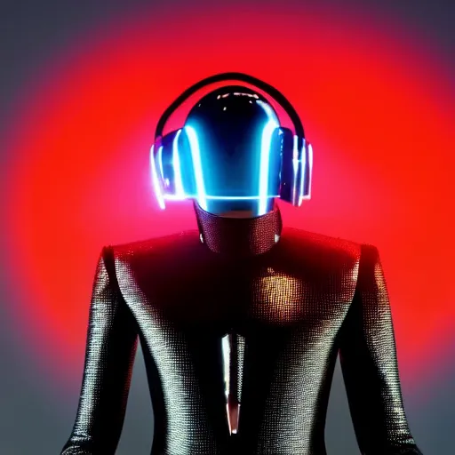 Prompt: daftpunk deluxe humanoid robots front head daftpunk curved screen displaying red glowing Error, his head shows a red glowing Error message, background dark, 40nm lens, shallow depth of field, split lighting, 4k,