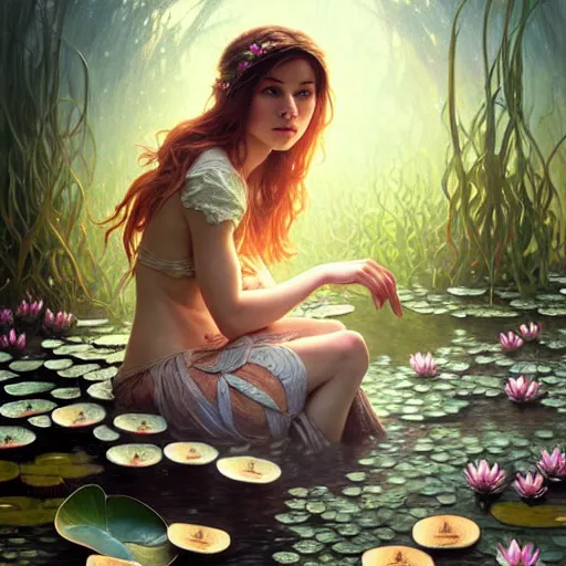 Prompt: Portrait of a girl surrounded by mushrooms while sitting at a pond with waterlilies, face, fantasy, intricate, elegant, highly detailed, digital painting, artstation, concept art, smooth, sharp focus, illustration, art by Fernanda Suarez and Artem Demura and alphonse mucha