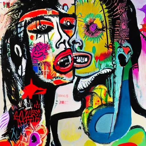 Image similar to acrylic painting of two bizarre psychedelic goth women kissing in china in summertime, speculative evolution, mixed media collage by basquiat and jackson pollock, maximalist magazine collage art, sapphic art, psychedelic illustration