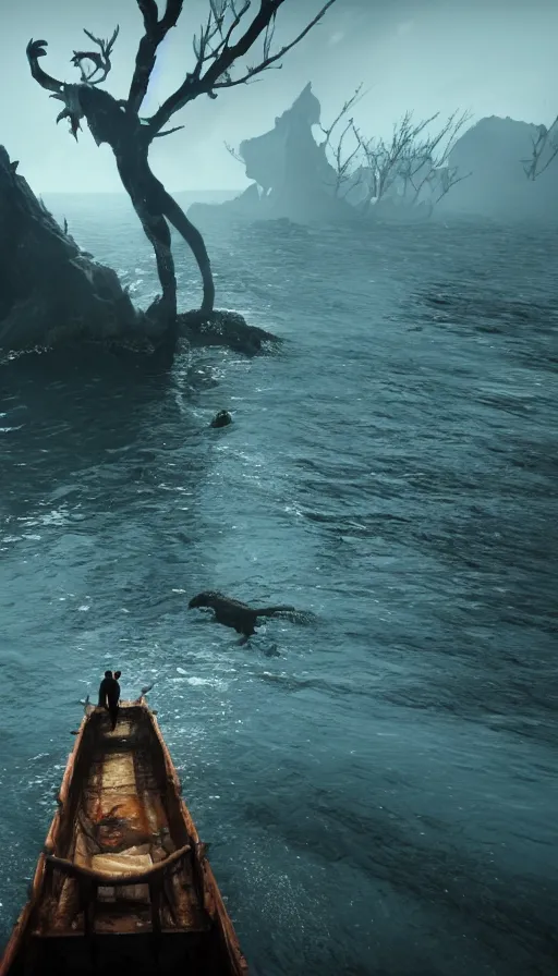 Image similar to man on boat crossing a body of water in hell with creatures in the water, sea of souls, with cryengine