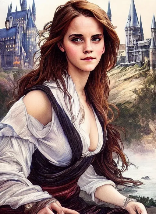 Image similar to oil painting of emma watson giving seductive look. hogwarts in background beautiful detailed face. by artgerm and greg rutkowski and alphonse mucha