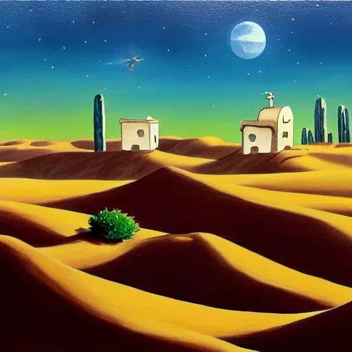 Prompt: a beautiful painting of a village in the desert, white houses, two suns, cowboy bebop