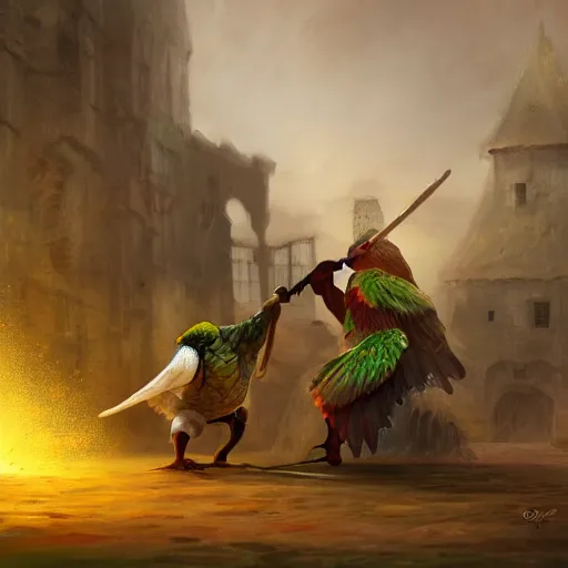 Prompt: Giant green Quaker parrot fights with medieval knight. Enchained, restrained. Bloom, volumetric lighting. Fantasy, digital painting, HD, 4k, detailed.