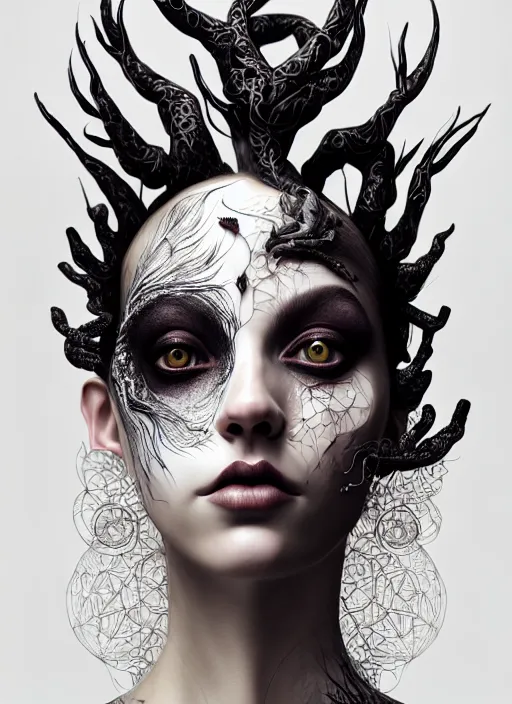 Prompt: portrait of an absurdly beautiful, graceful, sophisticated, fashionable dark witch, hyperdetailed illustration by irakli nadar and vania zouravliov, matt wisniewski style, intricate linework, white porcelain skin, day - glow face paint, unreal engine 5 highly rendered, global illumination, radiant light, detailed and intricate environment