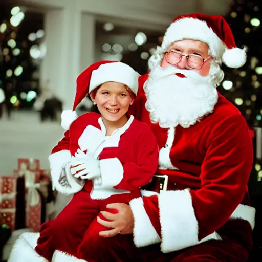 Prompt: santa claus sitting on a kid's lap at the mall, film camera photo, highly detailed, high definition, ultra realistic