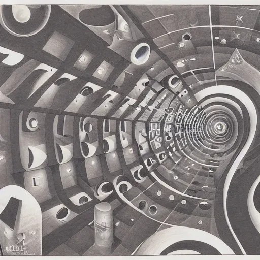 Prompt: Liminal space in outer space by M.C. Escher, colorized