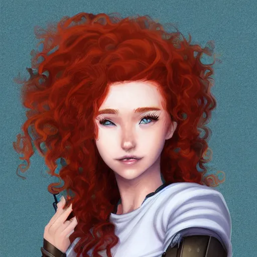 Image similar to a young woman with curly red hair, freckles, smart, portrait, shallan davar, blue eyes, smiling, thick hair, rpg, dnd, fantasy, artgerm style