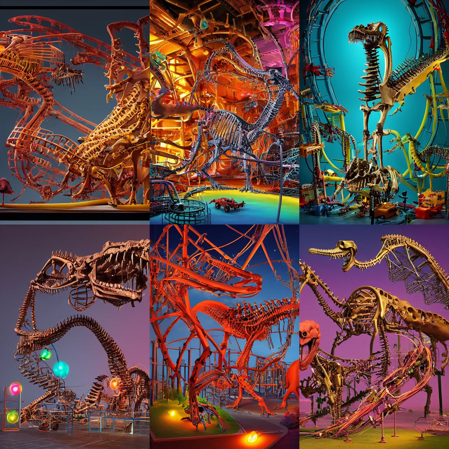 Prompt: Simple bionic exploded drawing dinosaur skeleton sculpture architecture made from rollercoaster, with colorfull jellybeans organs, cables, wires and tubes, by david lachapelle, by angus mckie, by rhads, in a dark empty black studio hollow, c4d, at night, rimlight, rimight, rimlight