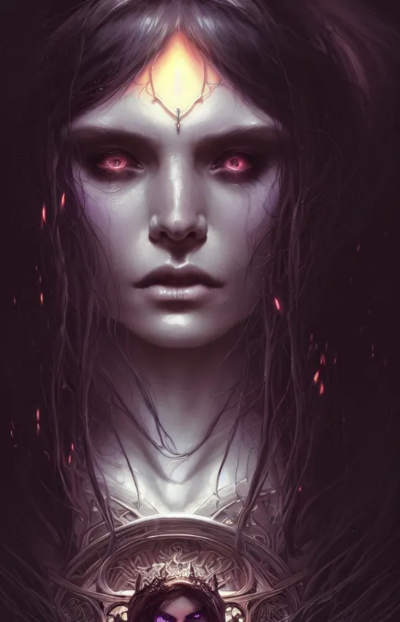 Image similar to Necromancer Sorceress face close-up macro in center, fantasy magic, undercut hairstyle, dark light night, intricate, elegant, sharp focus, illustration, highly detailed, digital painting, concept art, matte, art by WLOP and Artgerm and Greg Rutkowski and Alphonse Mucha, masterpiece