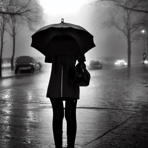 Image similar to heavy rain and a girl with an umbrella in black and withe