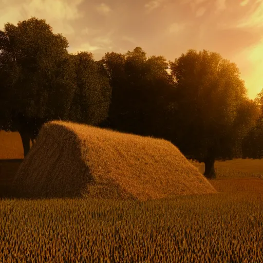 Image similar to haystack on a field, traditional hungarian landscape, dramatic lighting, beautiful, volumetric lighting, colorful, octane render