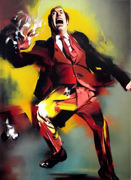 Image similar to saul goodman, screaming, painting by phil hale, sir francis bacon,'action lines '!!!, graphic style, visible brushstrokes, motion blur, blurry