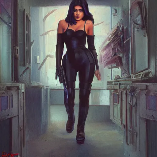 Prompt: kylie jenner as a cop, full body in view, full pov, haunted house interior, pretty, aesthetic, matte detailed photo, DeviantArt, Artstation, by donato giancola, ralph horley, loish, cinematic lighting