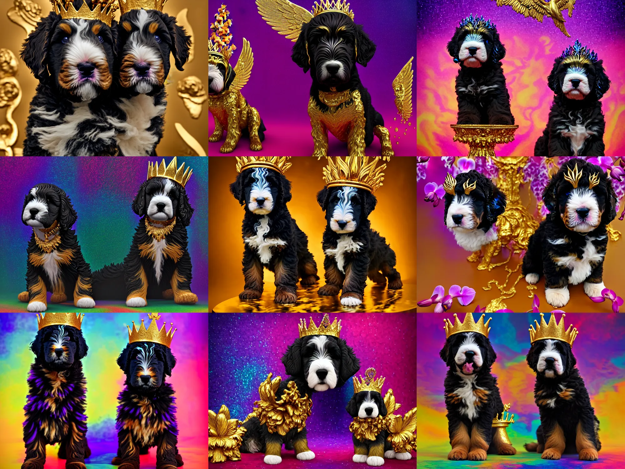 Prompt: alpha bernedoodle puppy with a gold crown by alex grey + orchids dripping black iridescent liquid, winged victory, moody, dramatic, confident, marble columns in background, transcendent, vibrant color, ornamented, clean linework, finely detailed, 4 k, trending on artstation, photorealistic, volumetric lighting, octane render