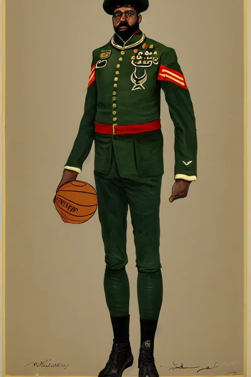 Image similar to full body portrait of the dictator of the milwaukee bucks, 1 8 8 9, in full military garb, on canvas by william sidney mount, trending on artstation