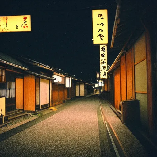 Image similar to a rural japan summer night, photograph taken with a pentax and portra 800