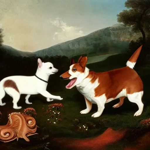 Prompt: oil painting by george stubbs of a brown and white corgi dog, a black, brown and white corgi dog, and a giant squid playing happily together in a meadow.