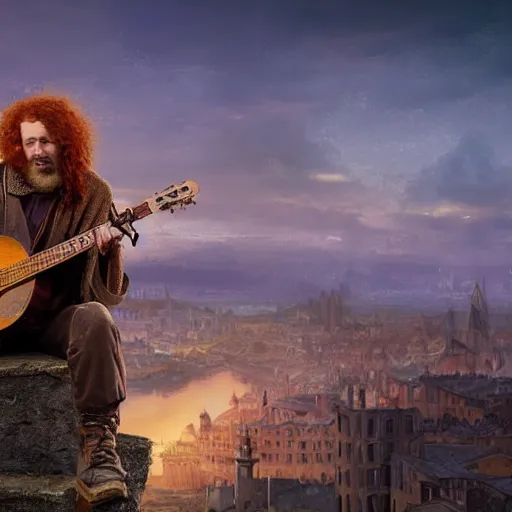 Prompt: a rugged man with curly red hair wearing a green cloak playing a guitar sitting on a roof top, medieval setting, entire city visible, zoomed out, atmospheric lighting, painted, intricate, volumetric lighting, beautiful, rich deep colours masterpiece, golden hour, digital art