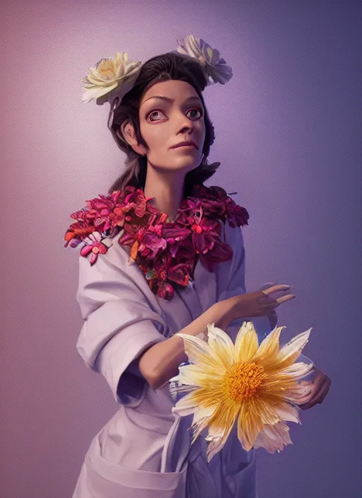 Image similar to an anthropomorphic beautiful female scientist portrait holding a flowers wearing colourful robe, fine art, award winning, intricate, elegant, sharp focus, octane render, hyperrealistic, wizard hat cinematic lighting, highly detailed, digital painting, 8 k concept art, art by jamie hewlett and z. w. gu, masterpiece, trending on artstation, 8 k