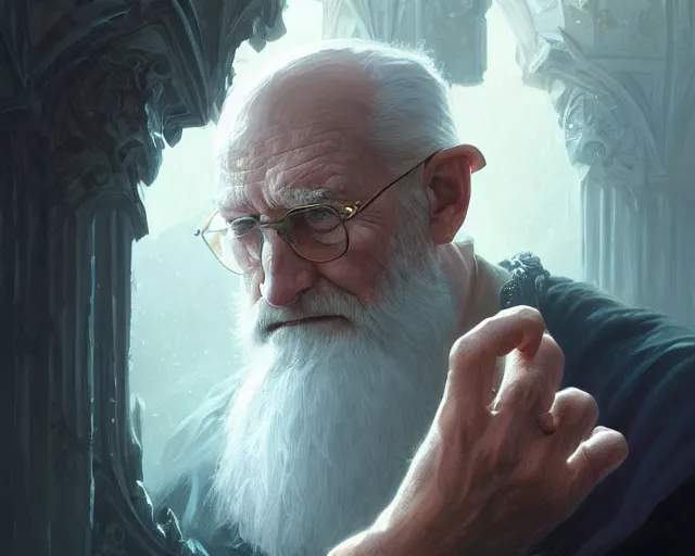 Image similar to old man with a ring on each finger, deep focus, d & d, fantasy, intricate, elegant, highly detailed, digital painting, artstation, concept art, matte, sharp focus, illustration, hearthstone, art by artgerm and greg rutkowski and alphonse mucha