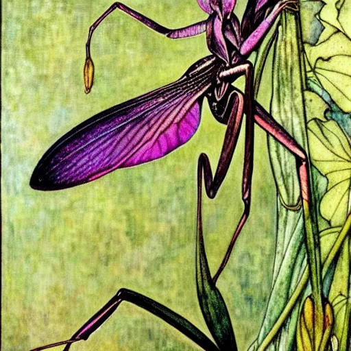 Image similar to potrait of an orchid mantis by William Morris and Carlos Schwabe, horizontal symmetry, exquisite fine details, Art Nouveau botanicals, deep rich moody colors