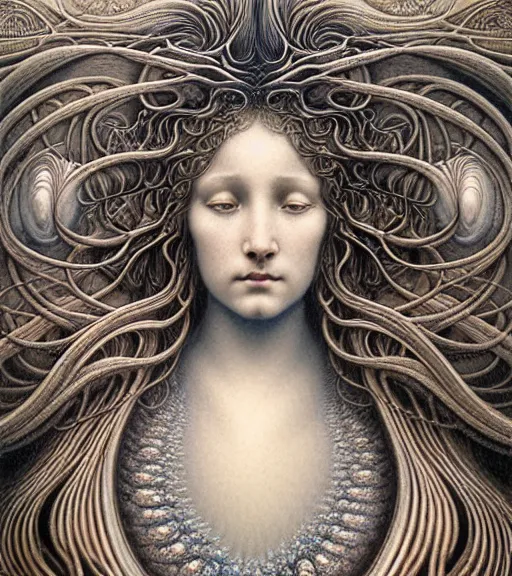 Image similar to detailed realistic beautiful wave goddess face portrait by jean delville, gustave dore, iris van herpen and marco mazzoni, art forms of nature by ernst haeckel, art nouveau, symbolist, visionary, gothic, neo - gothic, pre - raphaelite, fractal lace, intricate alien botanicals, ai biodiversity, surreality, hyperdetailed ultrasharp octane render