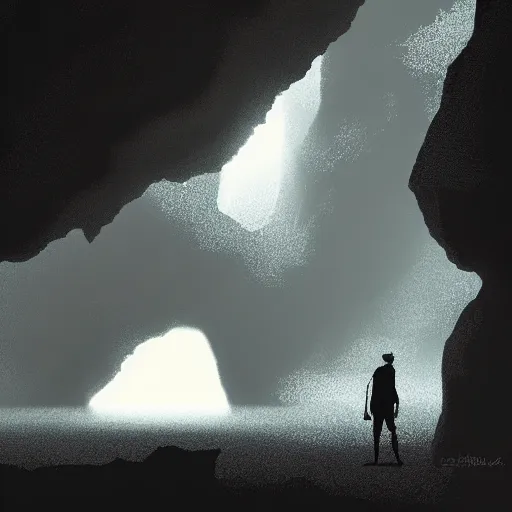 Prompt: a still of sillhouettes standing at the mouth of a cave with gentle light, digital art, artstationhq