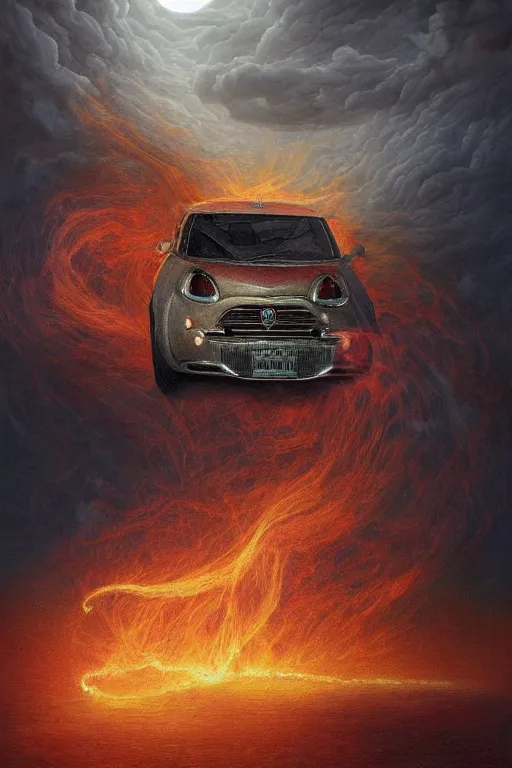 Image similar to Intricate stunning highly detailed Fiat 600R built in Argentina by agostino arrivabene and Vladimir Kush, surreal, digital painting, ultra realistic, Horror vacui, dramatic lighting, full moon, thick black swirling smoke tornado, burning fire embers, artstation