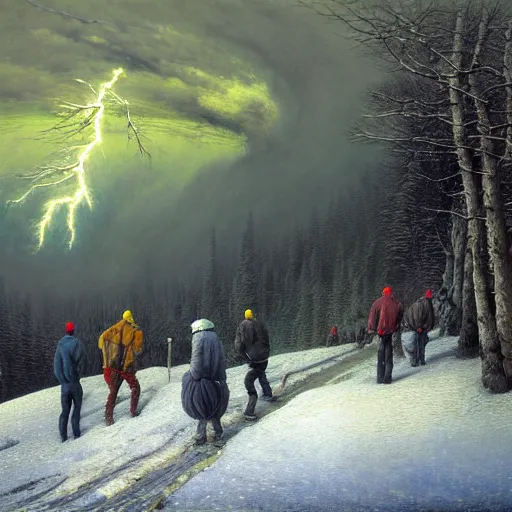 Prompt: a beautiful painting of group of climbers, extreme cold, storm, octane rendering, grim, dark, gloomy, cruel, volumetric lightning, hyperrealism, no blur, 4 k resolution, ultra detailed, style of john atkinson grimshaw, ivan shishkin, tyler edlin, scott listfield, eric zener