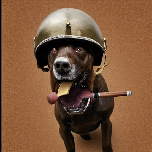 Prompt: dog with military helmet and cigar in mouth