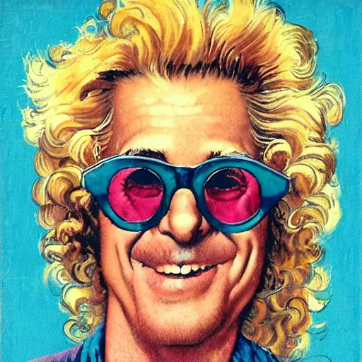 Prompt: portrait of a singer with sunglasses and long grey hair smiling while doing a peace sign, long face, slightly curly hair, rockstar, vibrant colors, by norman rockwell