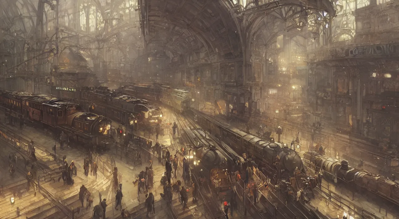 Image similar to subway station with an arriving steam train, highly detailed, digital painting, artstation, concept art, smooth, sharp focus, steampunk illustration, art by greg rutkowski and alphonse mucha