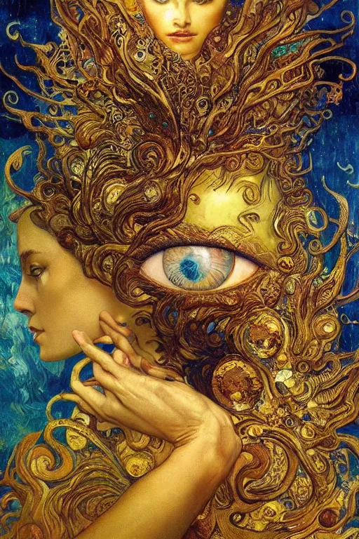 Image similar to Visions of Paradise by Karol Bak, Jean Deville, Gustav Klimt, and Vincent Van Gogh, visionary, otherworldly, fractal structures, ornate gilded medieval icon, third eye, spirals, heavenly spiraling clouds with godrays, airy colors